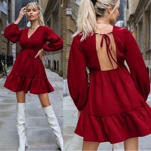 Red Ruffle tie back long lantern sleeve dress